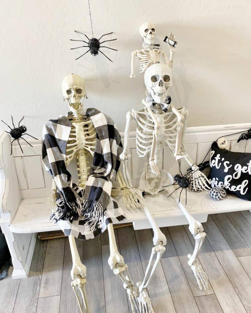 Skeleton Halloween Decor on Entryway Bench