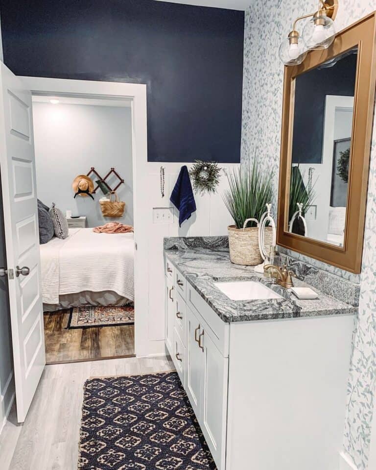 Small Bathroom With Black and White Floral Wallpaper