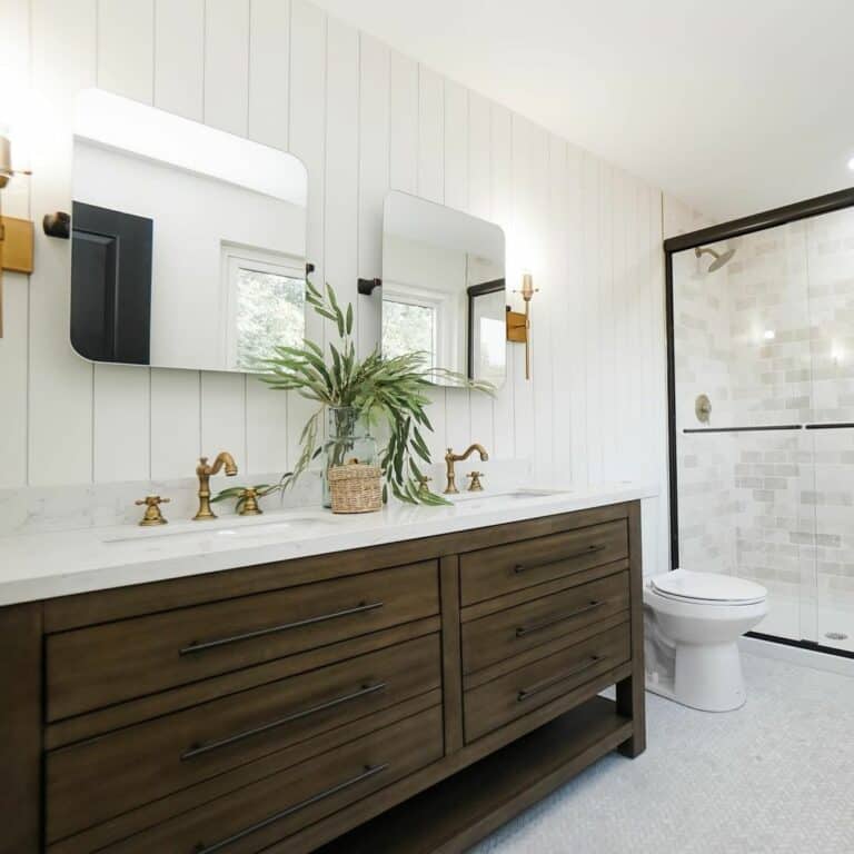 Small Walk In Shower Tile Ideas With Wood Vanity