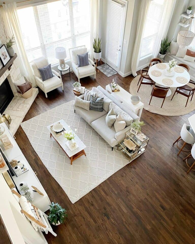 Spacious Living Room Layout With Gray Area Rug
