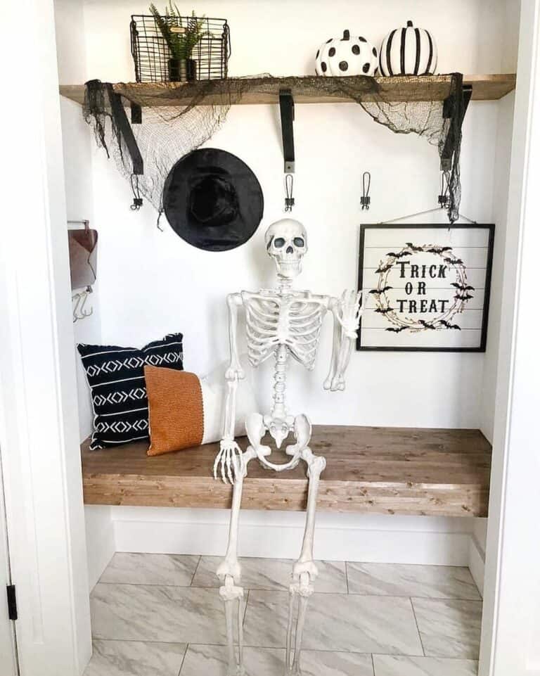 Spooky Skeleton Waves Hello in Home Entryway