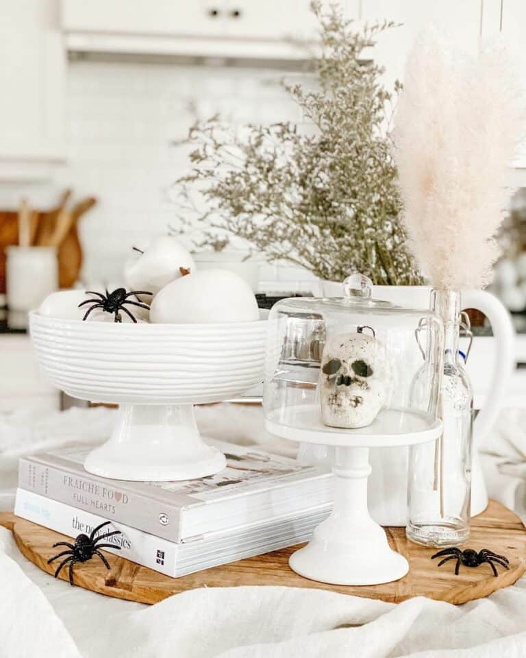 Spooky White Table Décor on Wooden Tray