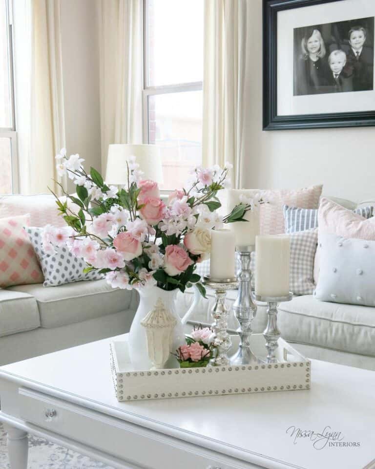 Spring Living Room Centerpiece With Pink Flowers