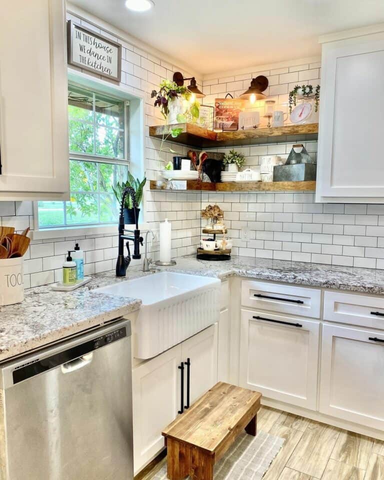 Stained Wood Corner Shelving for Kitchen