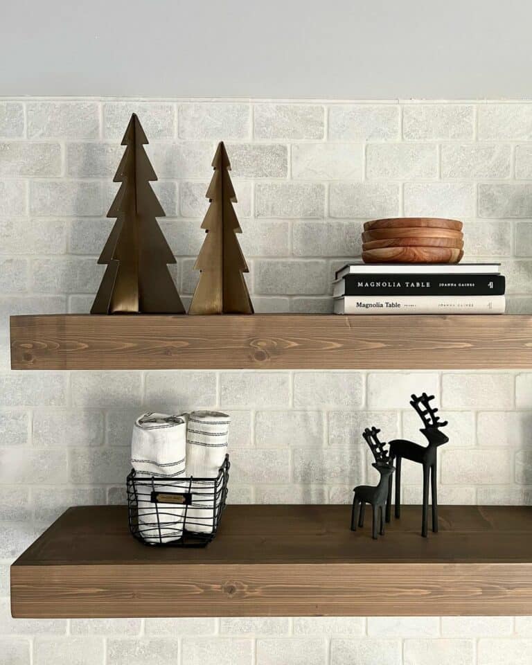 Stained Wood Floating Shelves With Black Reindeer
