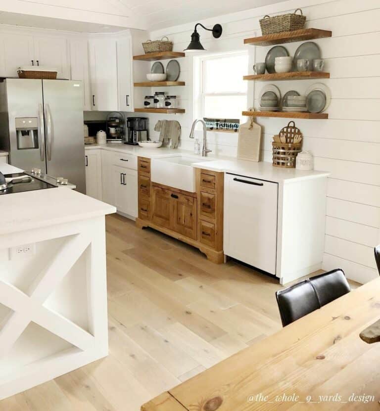 Stained Wood Floating Shelves in White Shiplap Kitchen