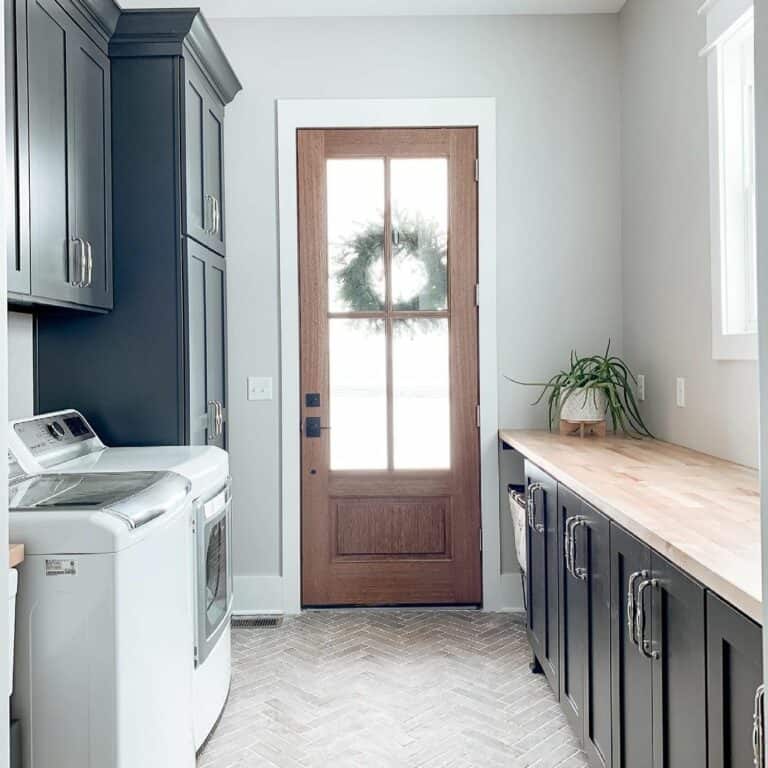 Stained Wood Laundry Room Door with Glass