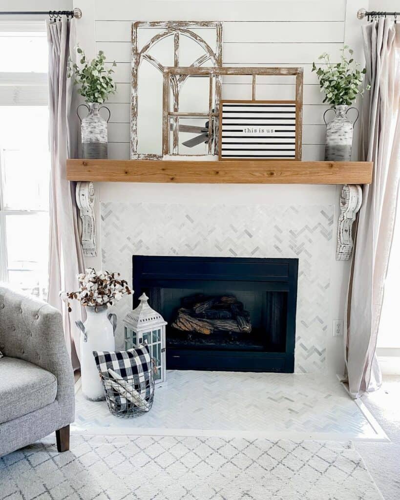 Stained Wood Mantel With Window Frame Décor