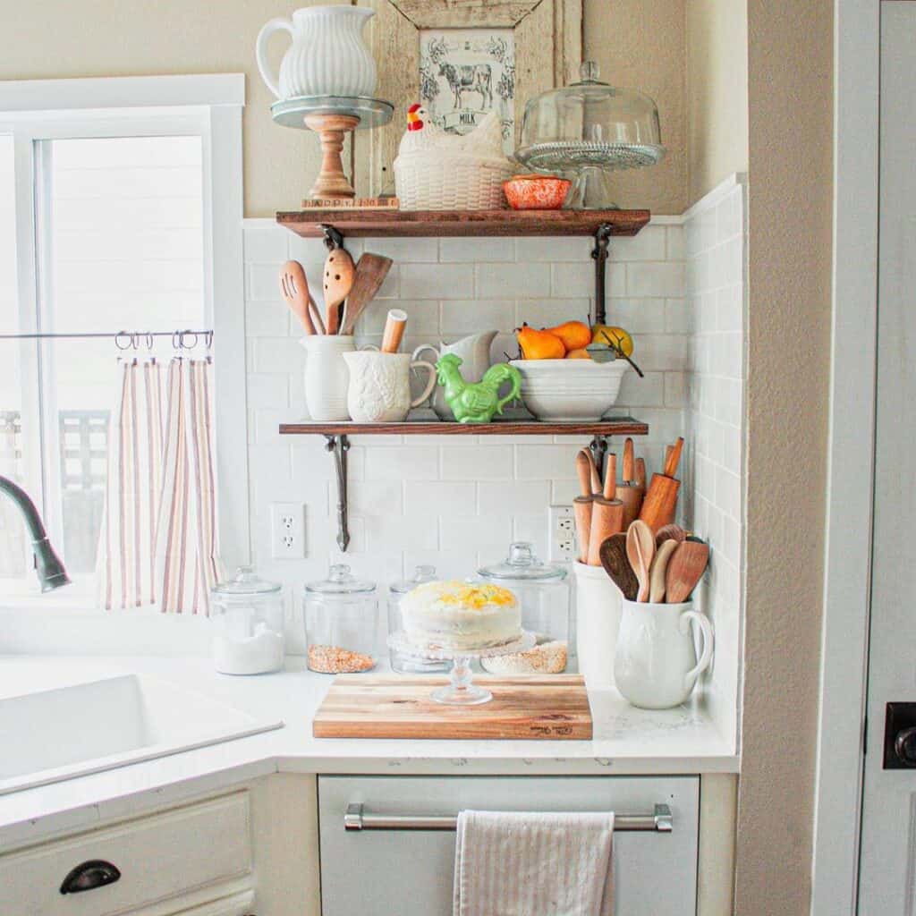 Stained Wood and Black Metal Kitchen Shelves