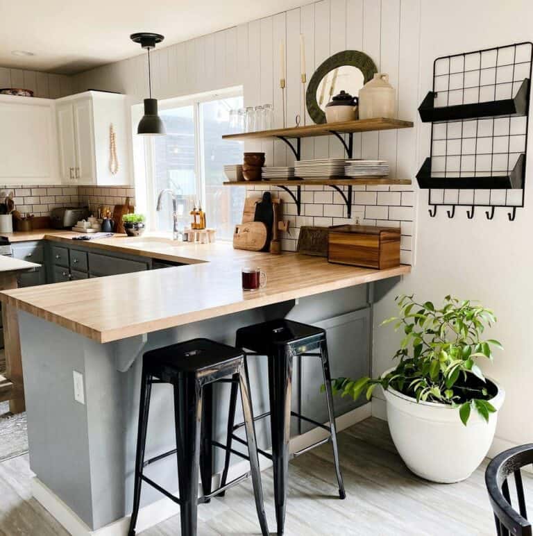 Stained Wood and Black Metal Shelves for Farmhouse Kitchen