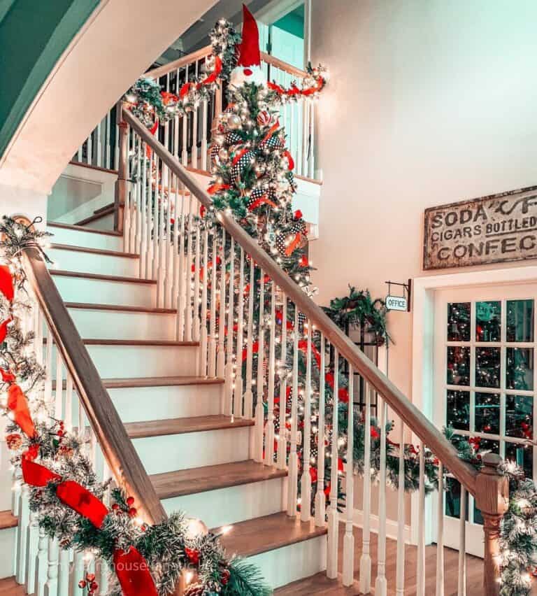 Staircase With Vibrant Christmas Decorations