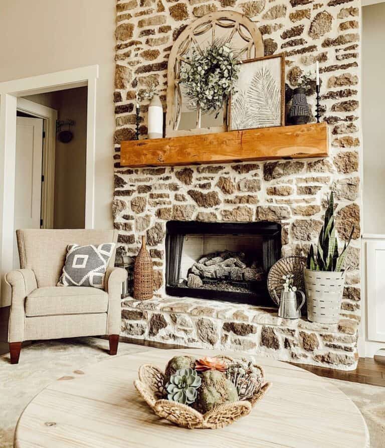 Stone Wall Fireplace with Wood Mantel