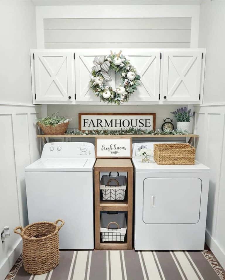 Storage Cubby for a Neutral Farmhouse Laundry Room