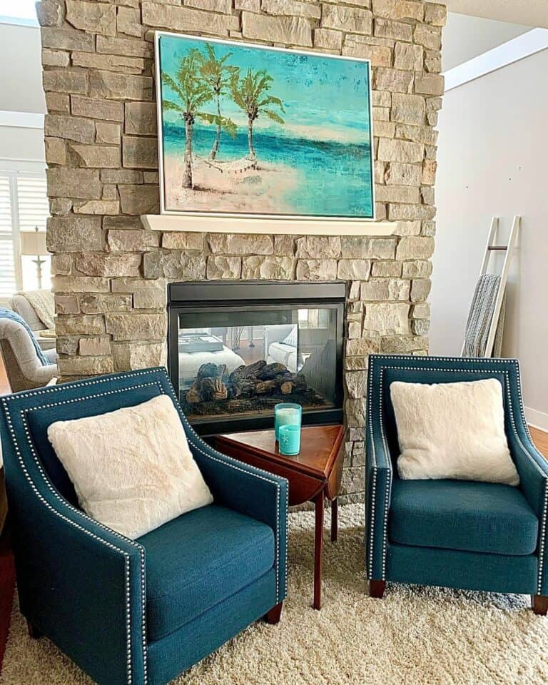 Studded Teal Chairs for Fireplace Seating