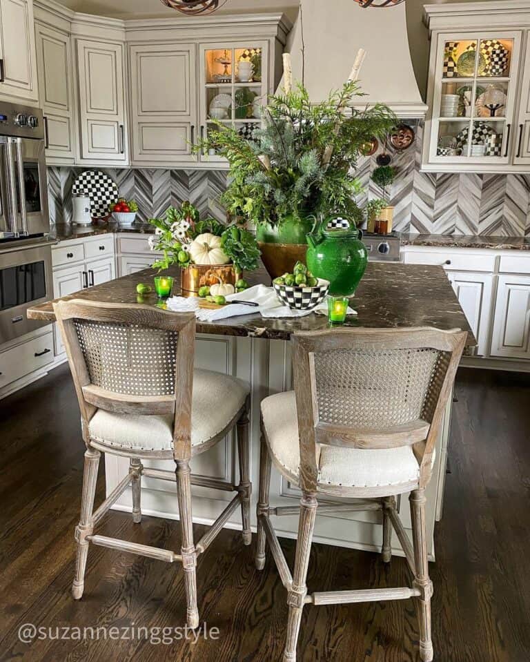 Stylish Kitchen With Winter Greenery Accent.