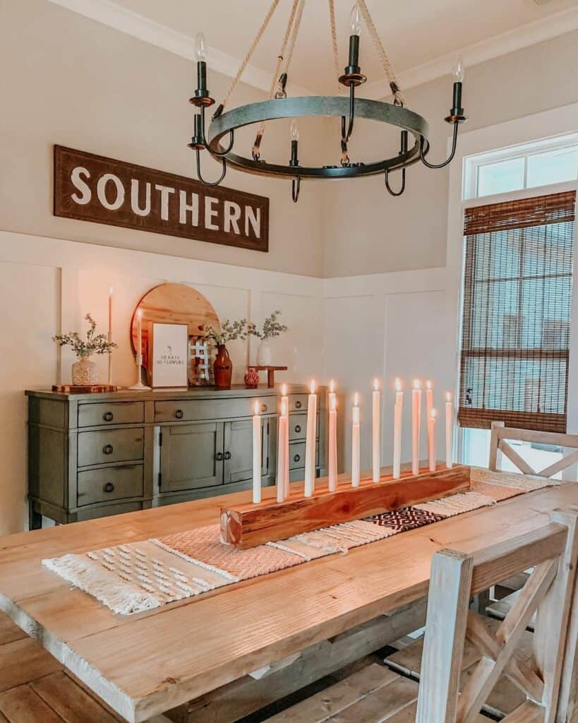 Textured Runner Beneath Rustic Metal Chandelier