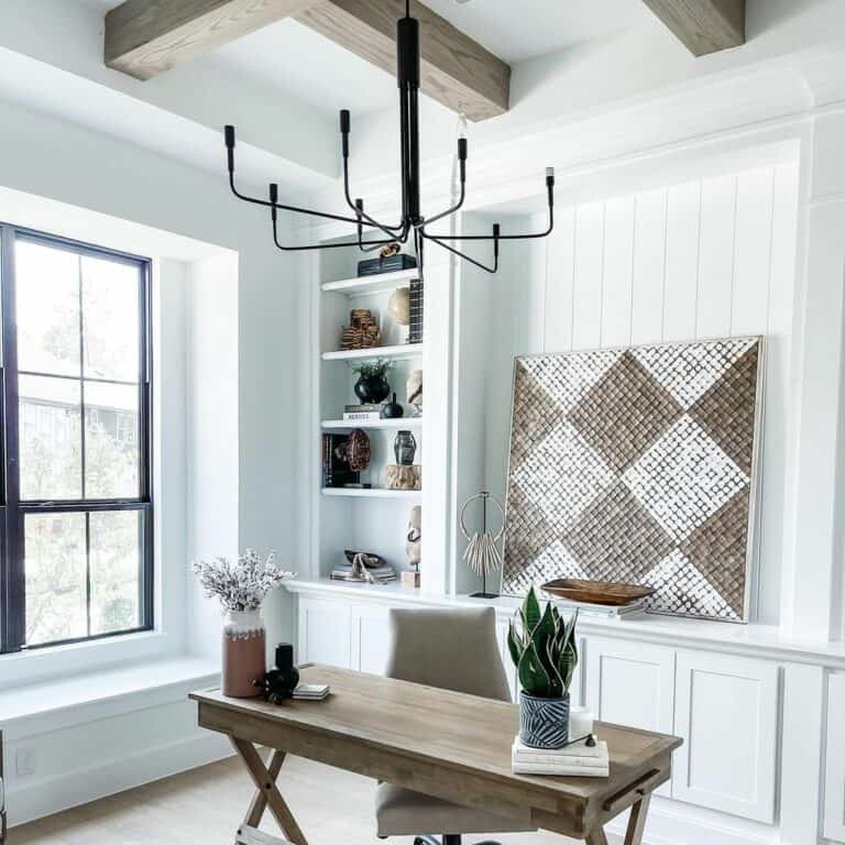 Timeless Farmhouse Office With Forged Iron Chandelier