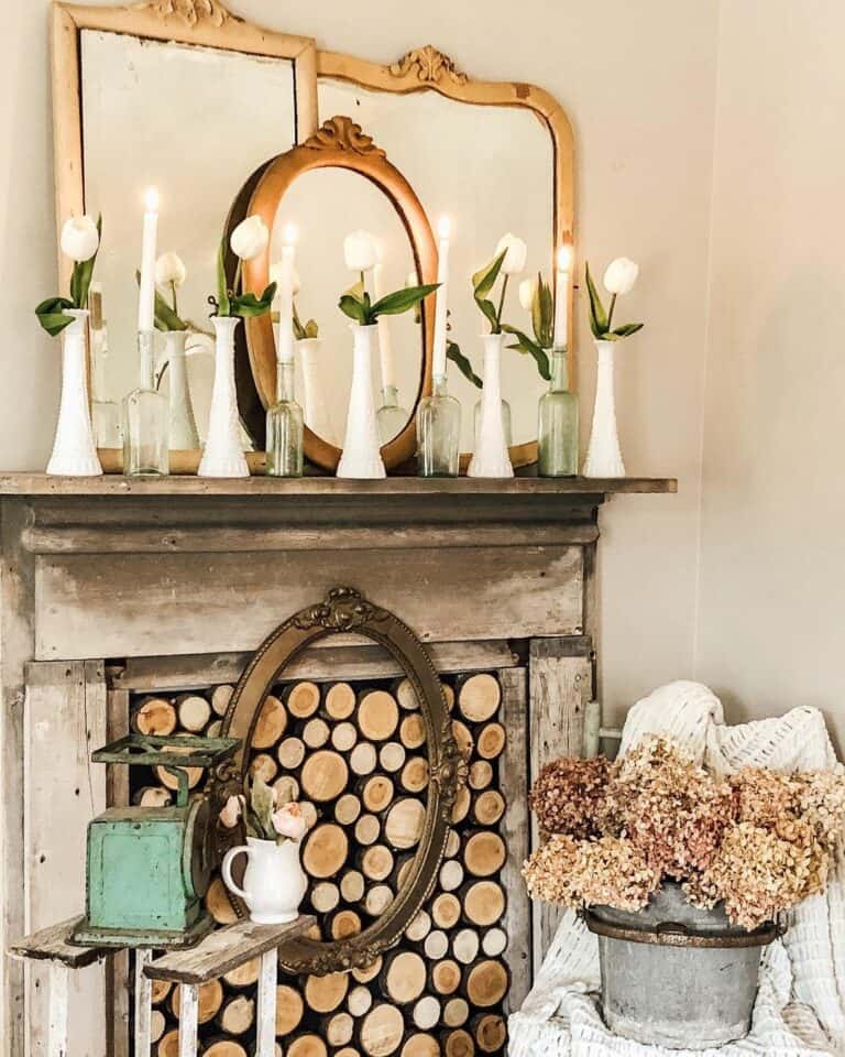 Tulips in White Vases on a Wood Mantel