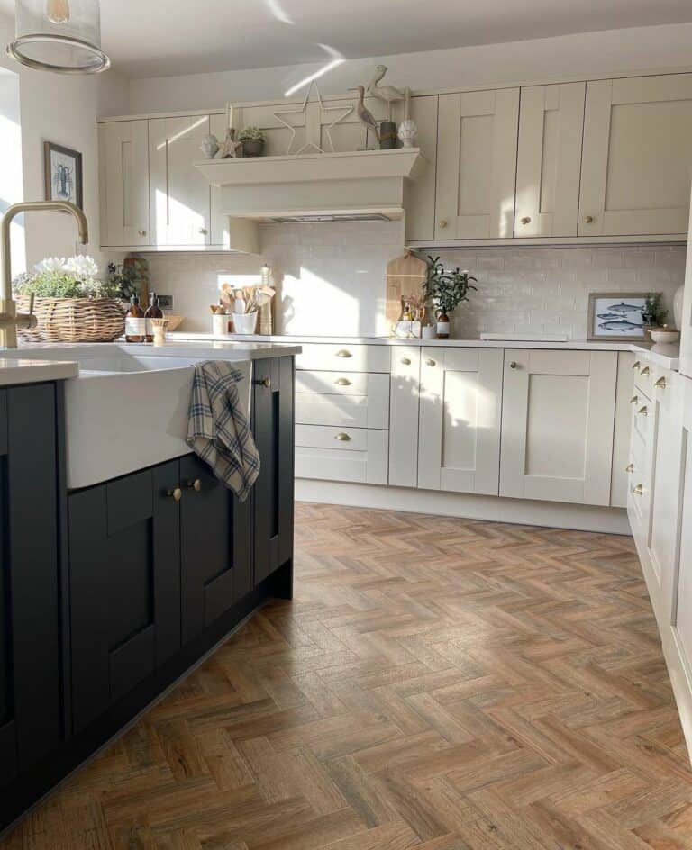 Two-toned Rustic Kitchen With Herringbone Wood Floor