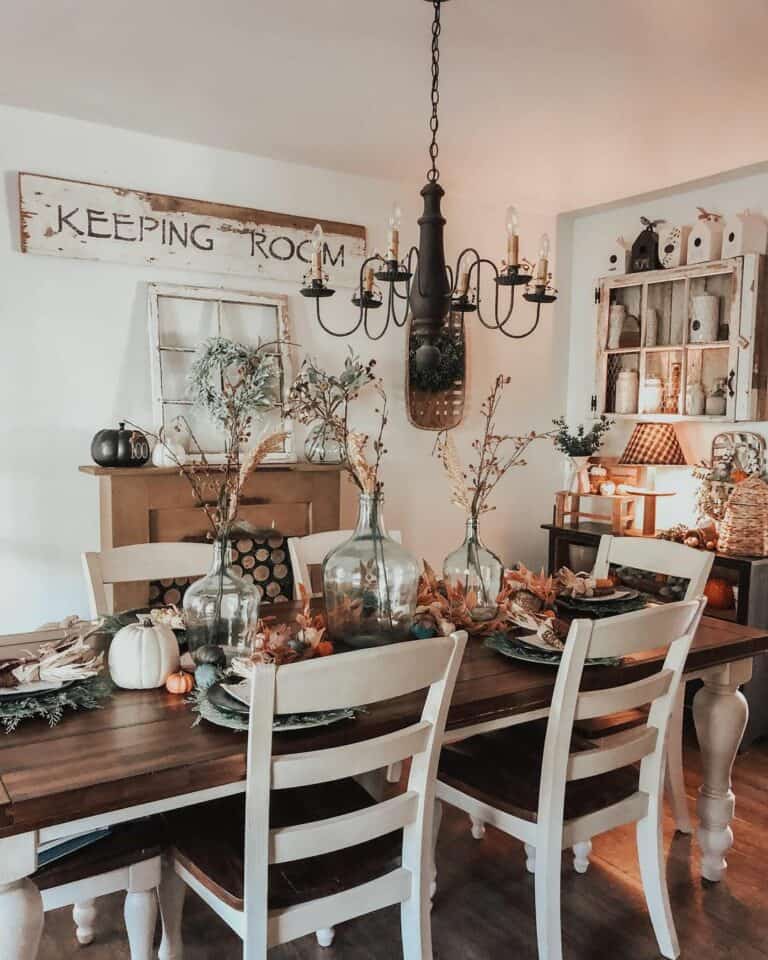 Two-toned Wood Dining Table With Black Chandelier