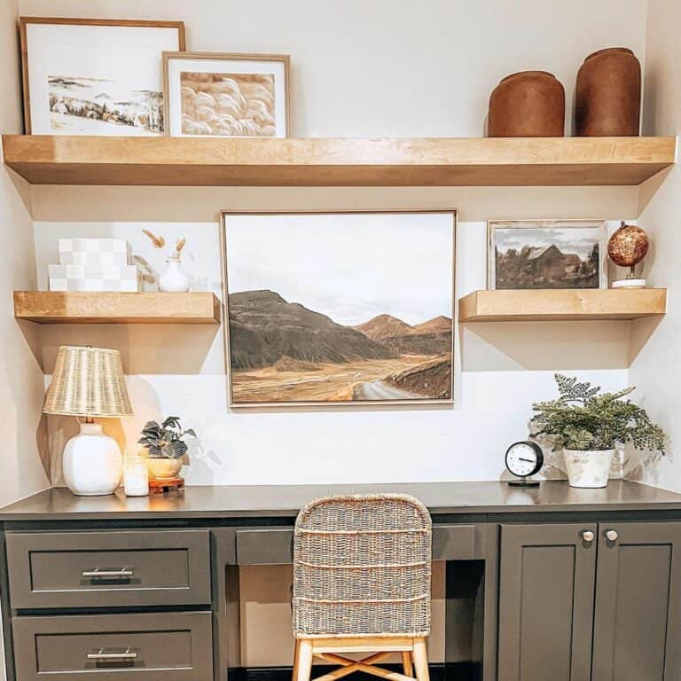Wall-length Desk Below Floating Shelves