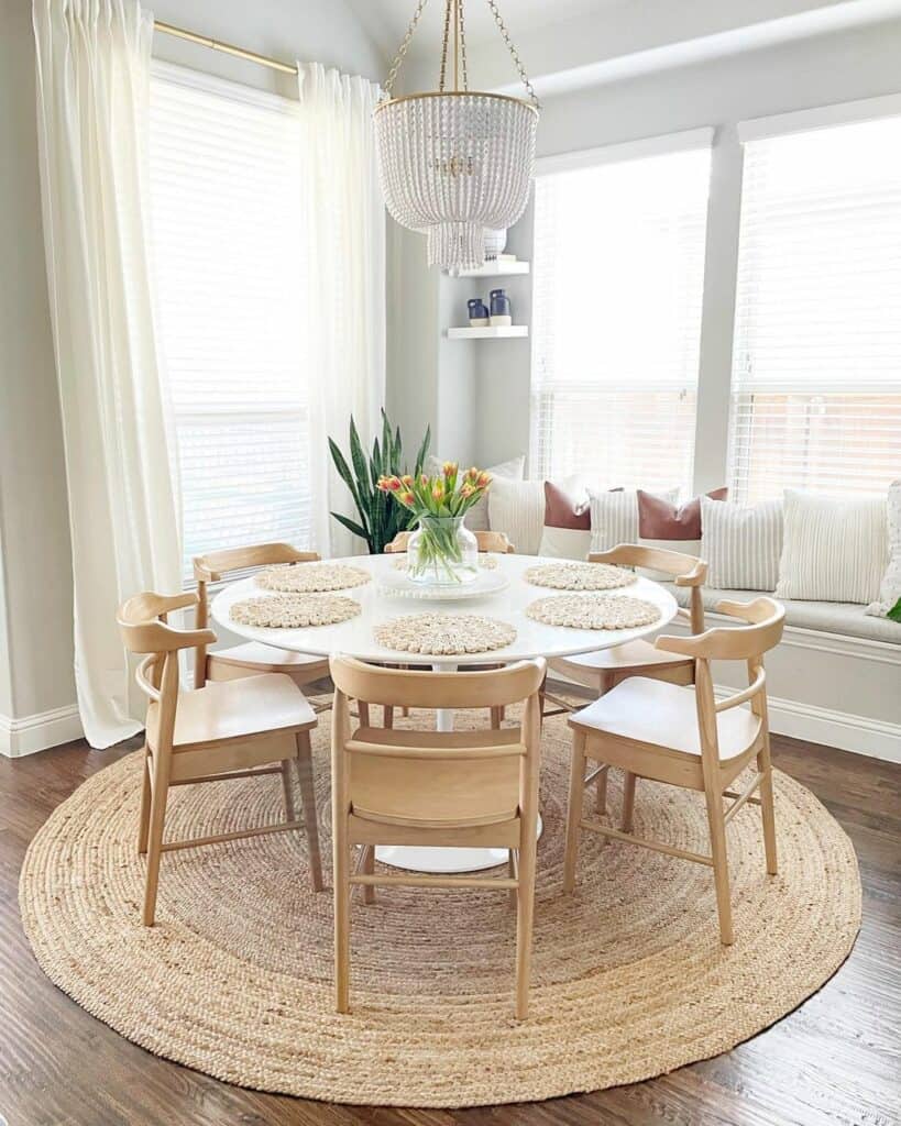 Warm Dining Room With Round Natural Rug