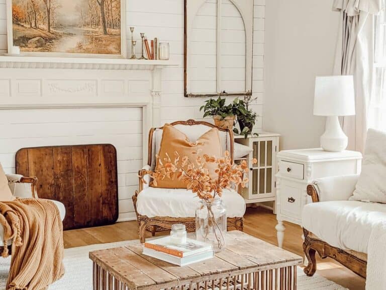 Warm Farmhouse Living Room With White Shiplap Walls