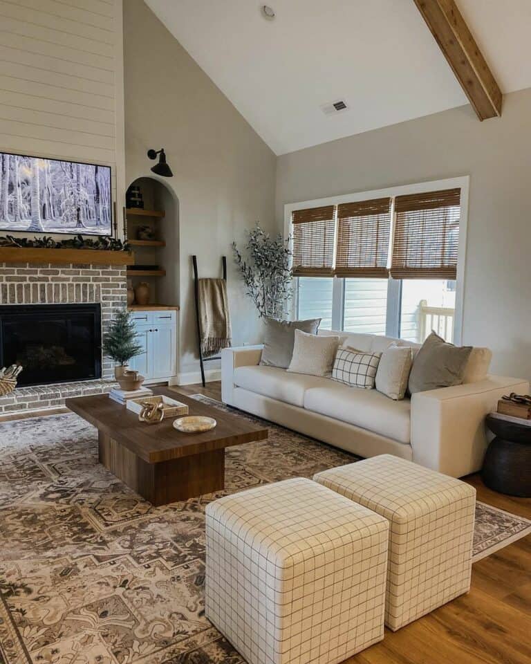 Warm Minimalist Farmhouse Living Room With Modern Accents
