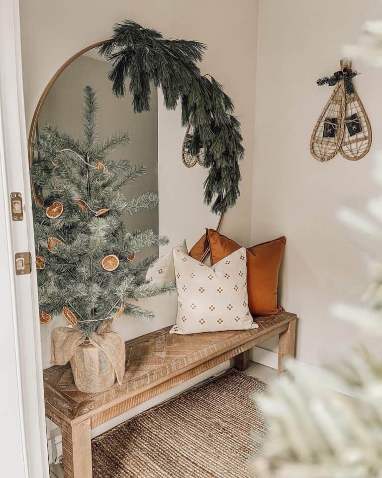 Warm Wood Bench With Orange Christmas Decorations