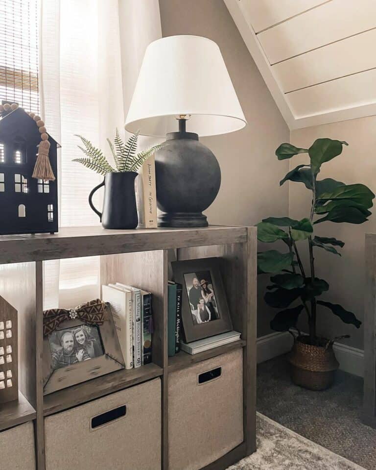 Warm Wood Cubby Cabinet With Black Accents