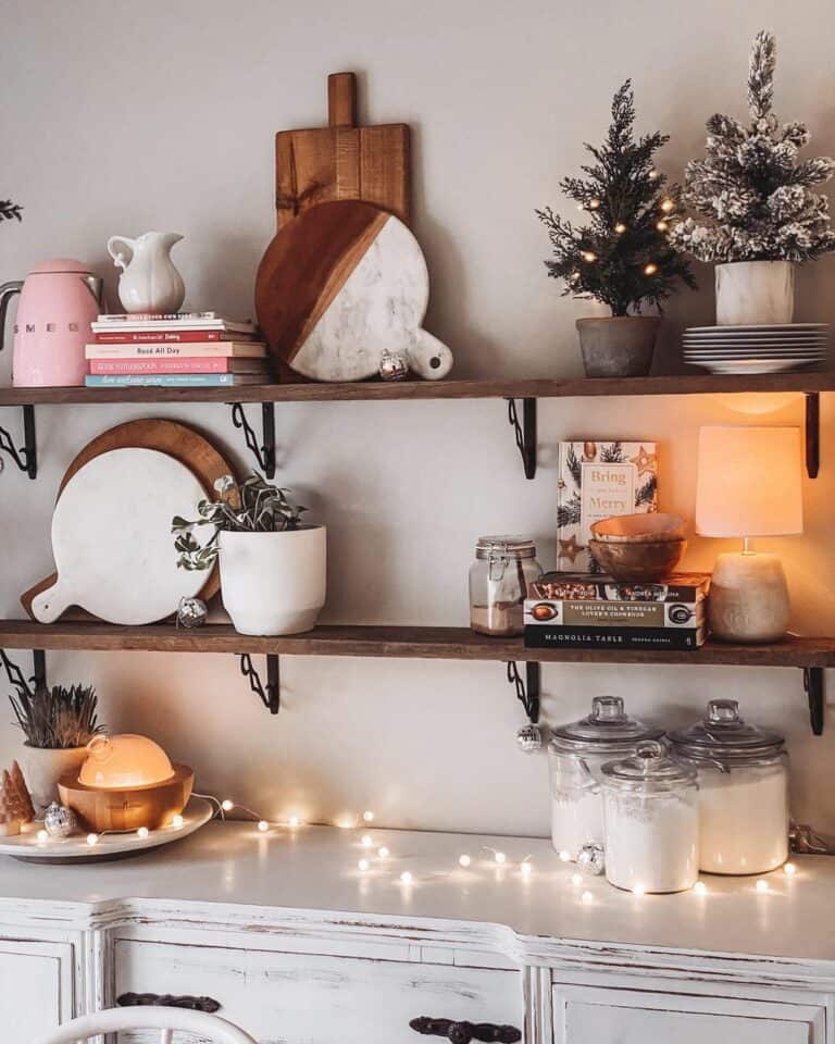 Warm Wood Shelves With Miniature Lights