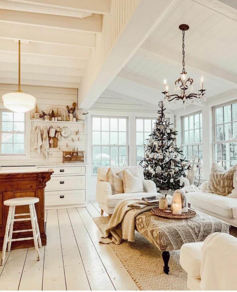 Whimsical Farmhouse Living Room With Large White Windows
