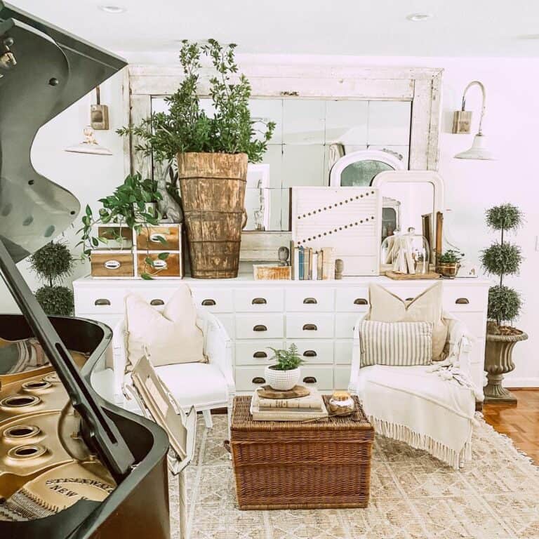 White Apothecary Cabinet With Green Living Room Spring Décor