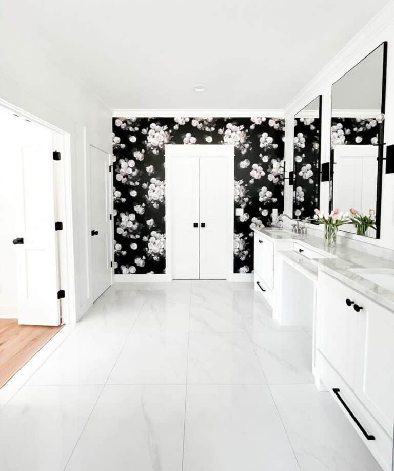 White Bathroom With Black and White Floral Wallpaper