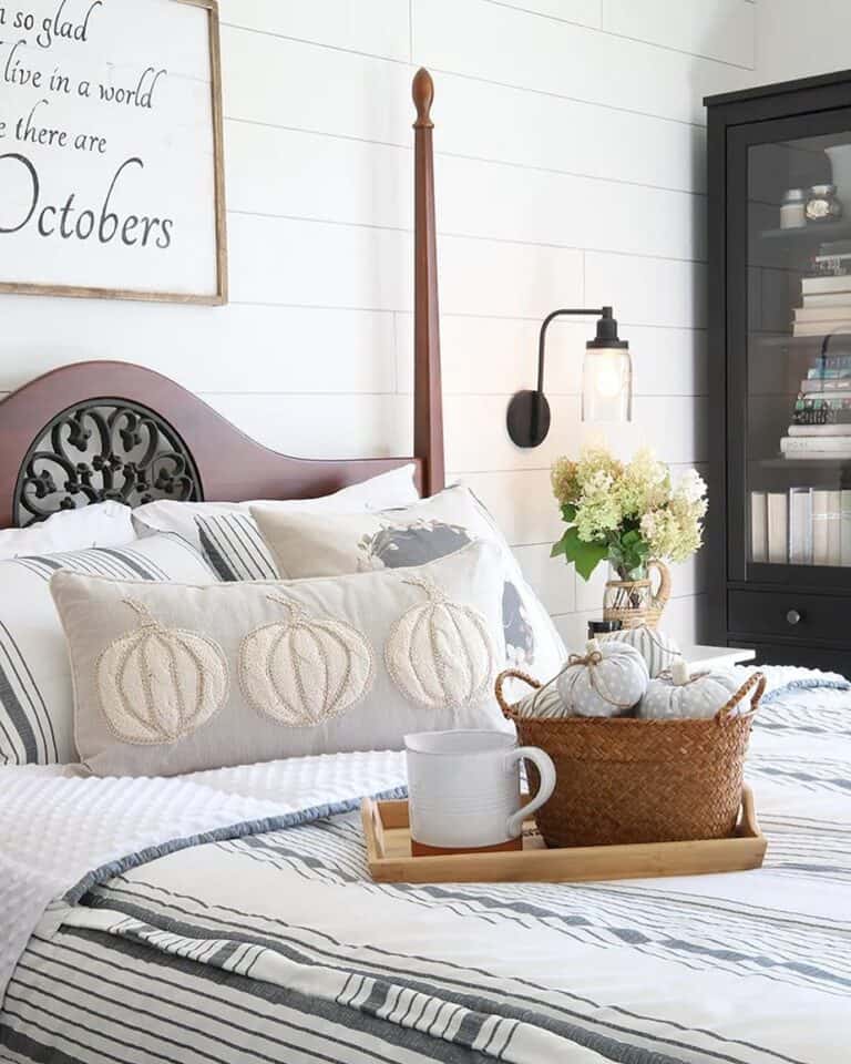 White Bedding Ideas with Grey Stripes on Four-Poster Bed
