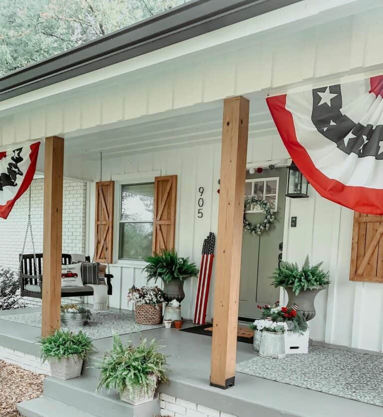 White Board and Batten Porch With July 4th Decorations