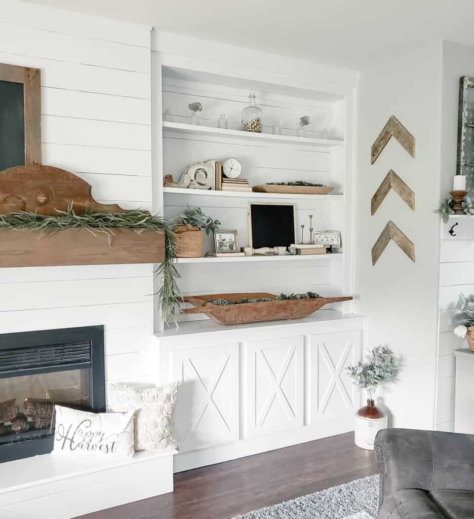 White Built-in Cabinets With Rustic Décor and Wooden Accents