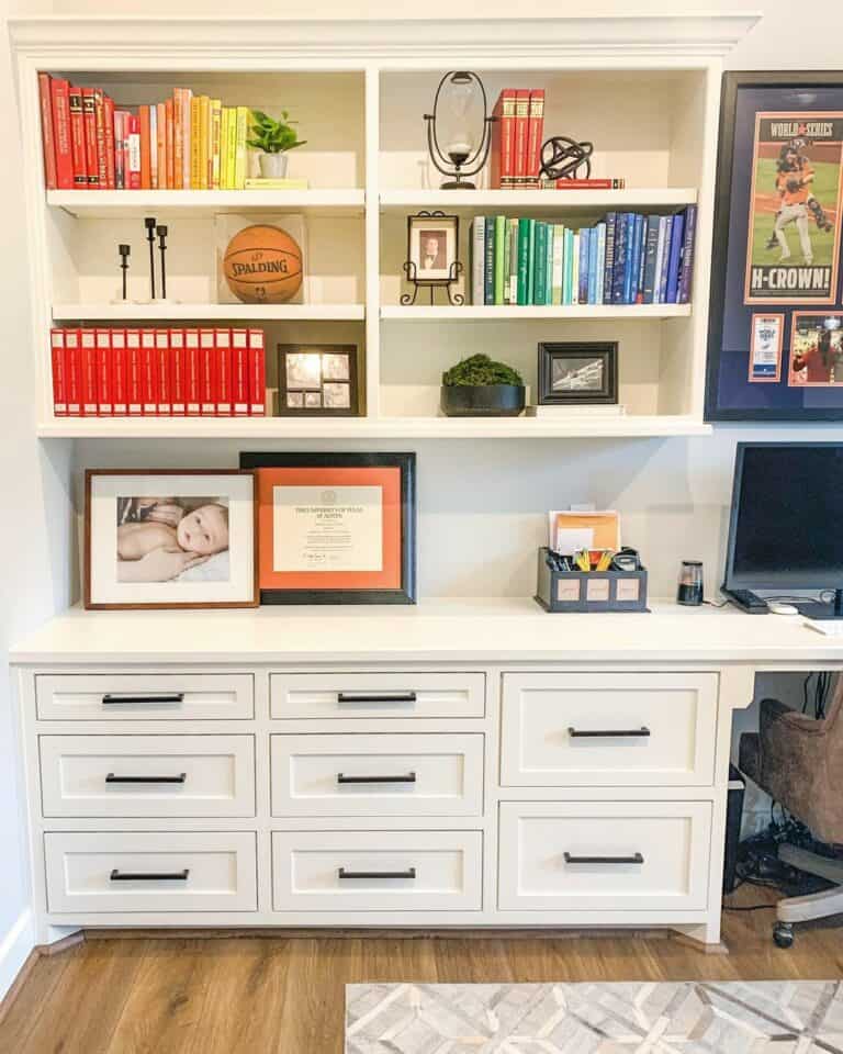 White Built-in Office Cabinets With Colorful Décor
