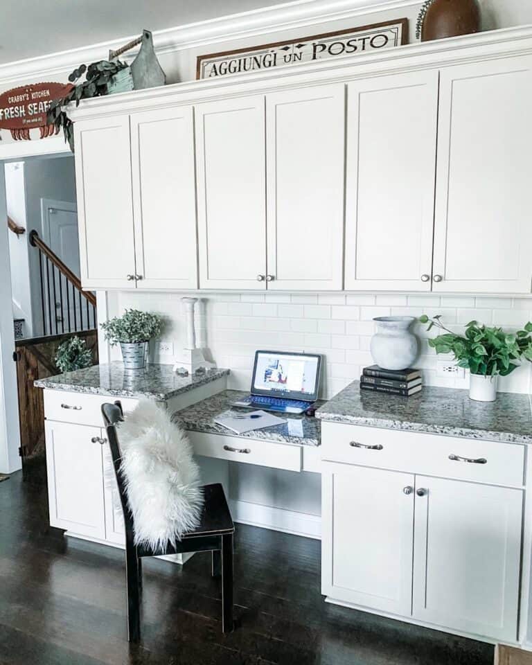 White Built-in Office Cabinets With Farmhouse Décor