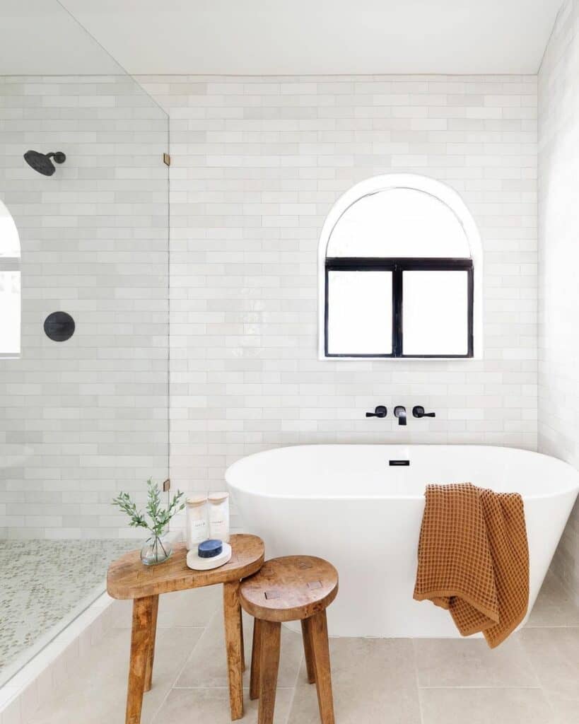 White Cloe Tile Bathroom with Freestanding Bathtub