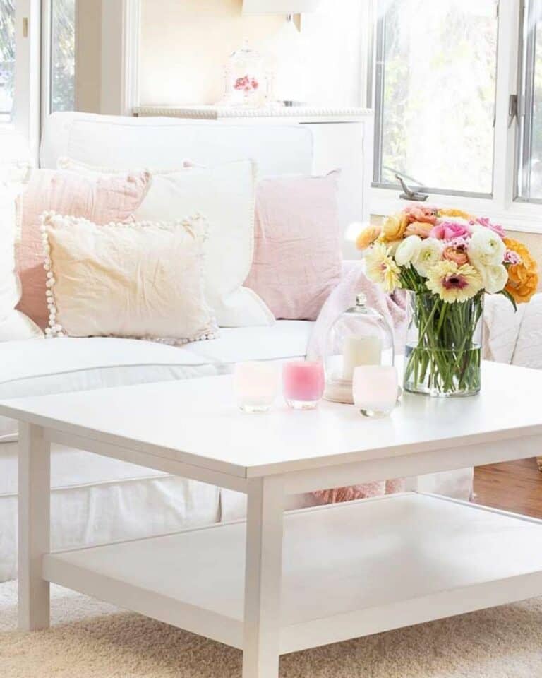 White Coffee Table With Pink and Orange Flowers