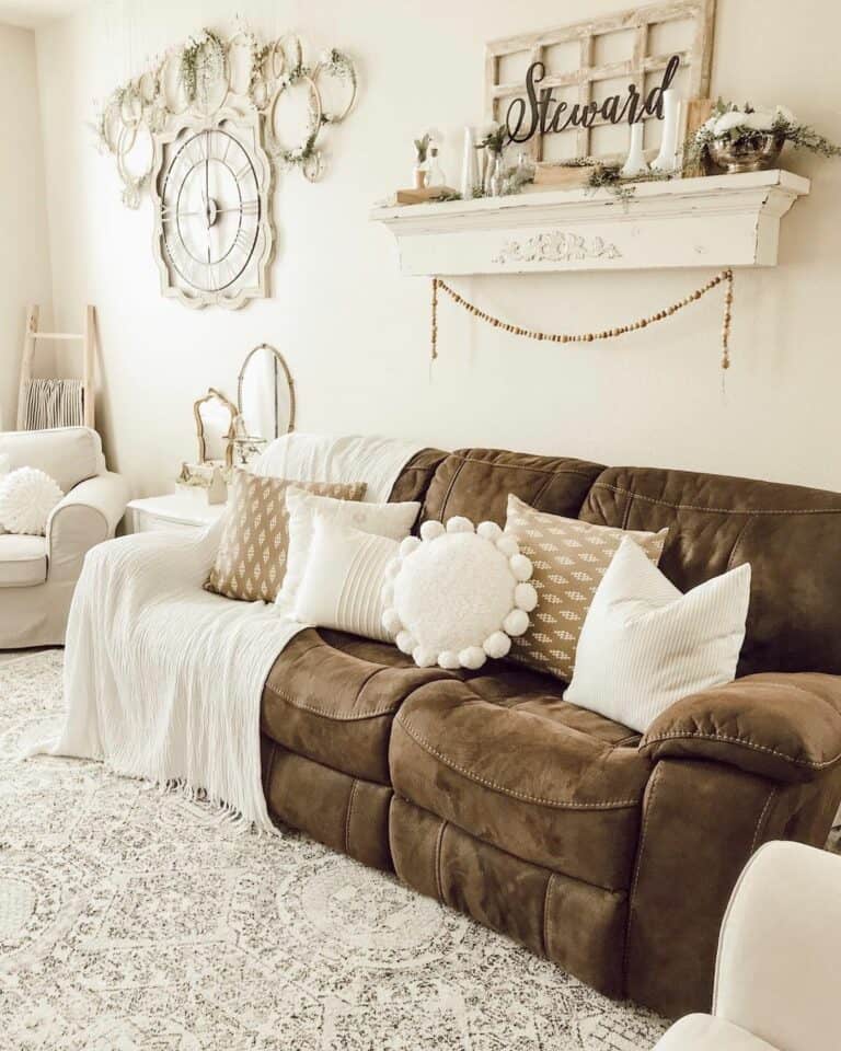 White Cottage-inspired Living Room With Brown Suede Couch