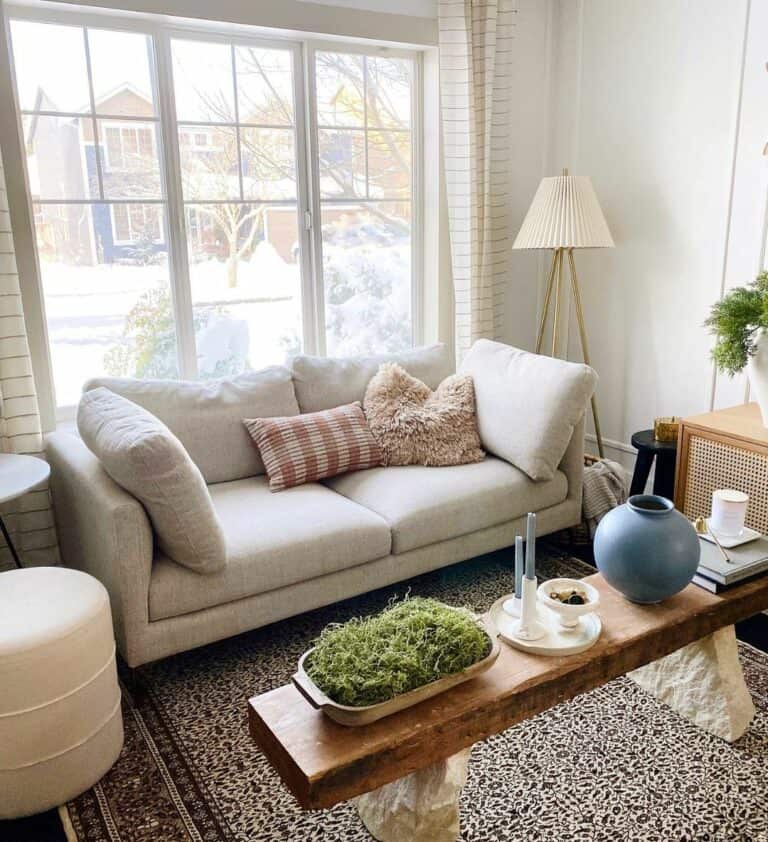 White Curtains and a Unique Coffee Table