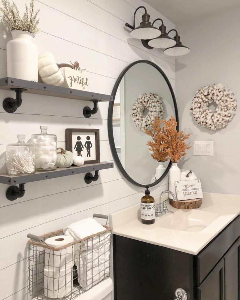 White Décor on Industrial Wood Shelves