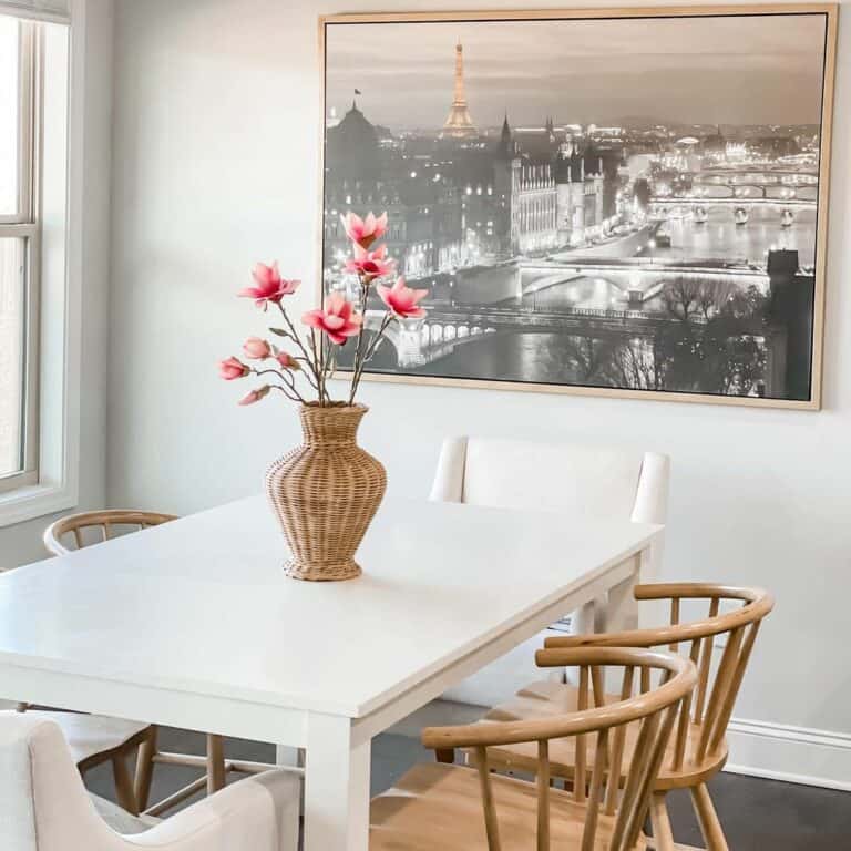 White Dining Room With Rattan Center Vase