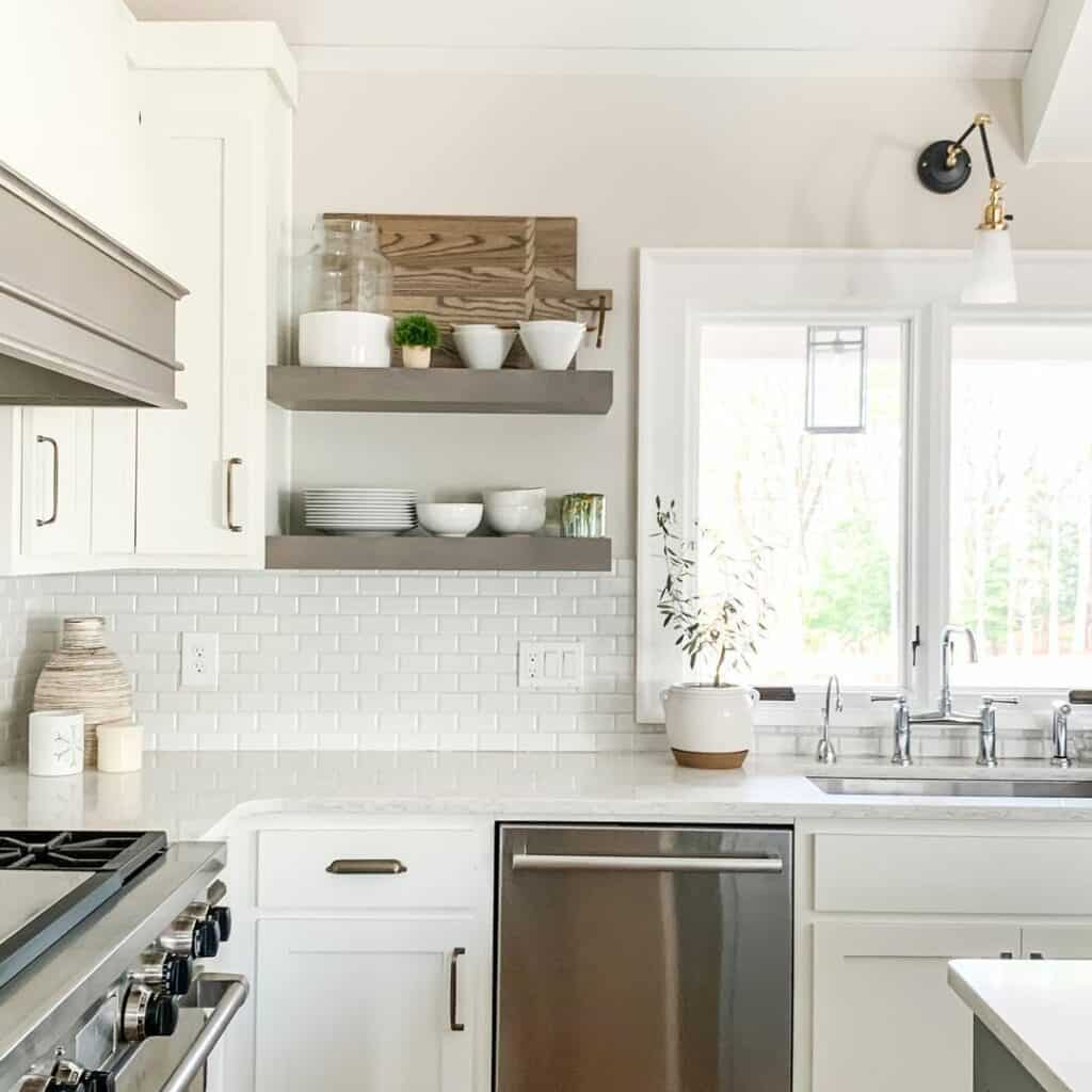 White Farmhouse Kitchen With Gray Shelves