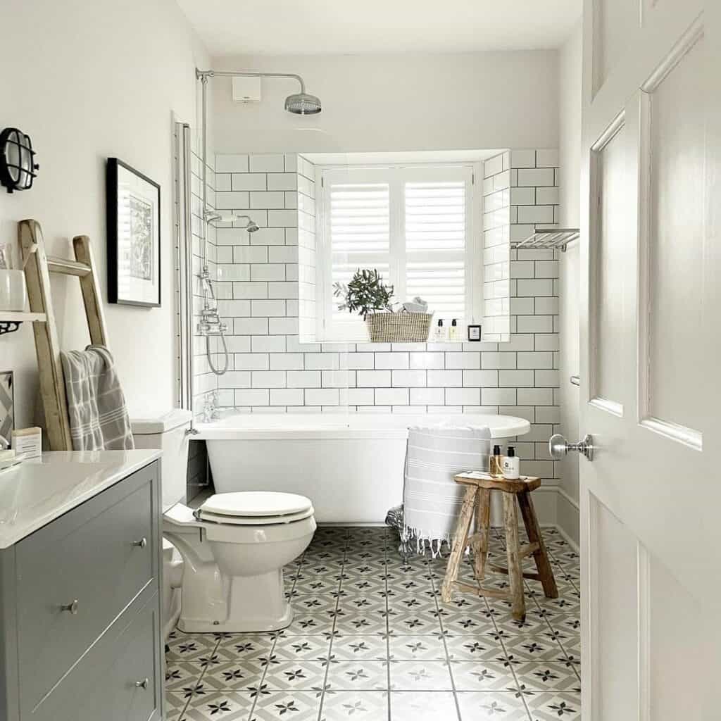 White Farmhouse Neutral Patterned Bathroom Flooring Ideas