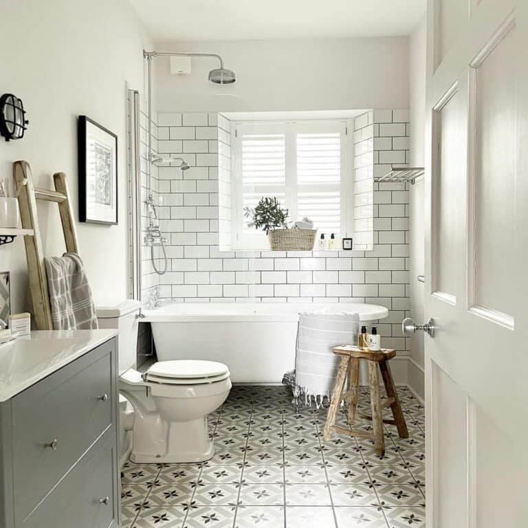 White Farmhouse Neutral Patterned Bathroom Flooring Ideas