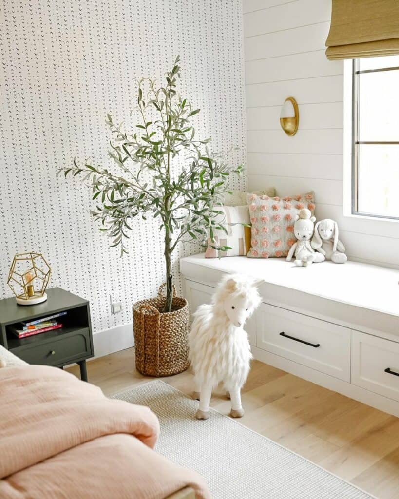 White Farmhouse Pad Window Seat With Muted Black and White Accent Wallpaper