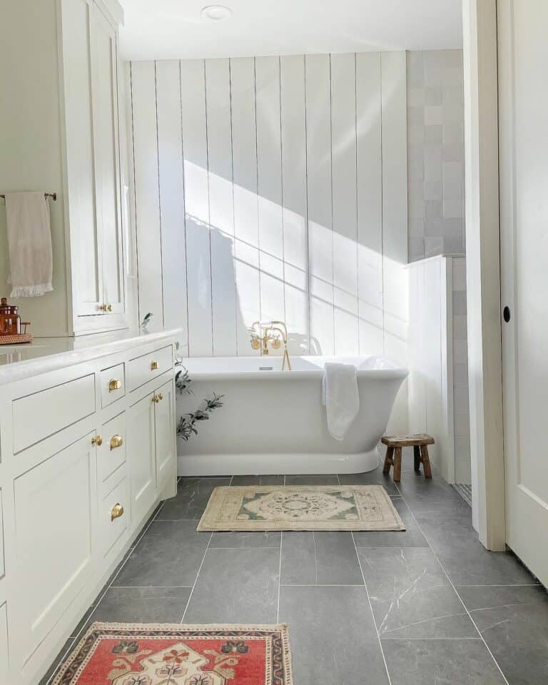 White Farmhouse Shiplap Bathroom With Light Gray Tile